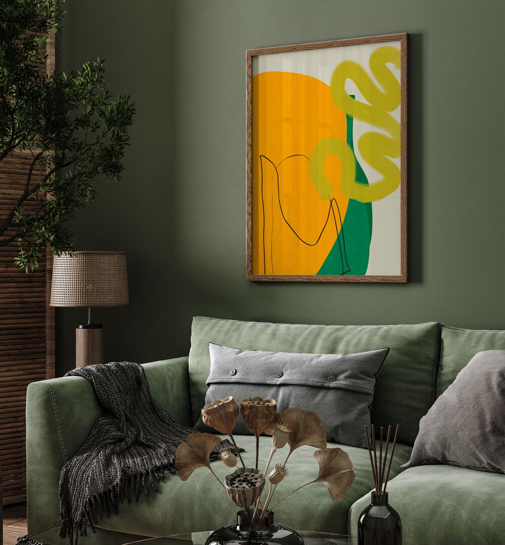 Painted Lines X Kopie By Ana Rut Bre Abstract Art Abstract Wall Art in Dark Wood Plain Frame placed on a wall behind a sofa