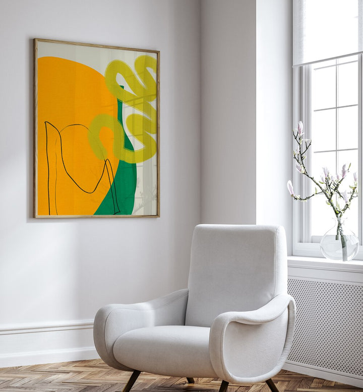 Painted Lines X Kopie By Ana Rut Bre PAbstract Art Abstract Wall Art in Oak Wood Plain Frame placed on the wall between a chair and a window