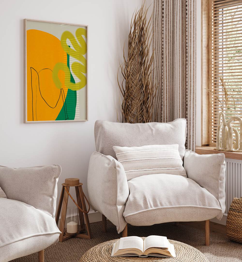 Painted Lines X Kopie By Ana Rut Bre PAbstract Art Abstract Wall Art in Oak Wood Plain Frame placed on a wall behind a sofa