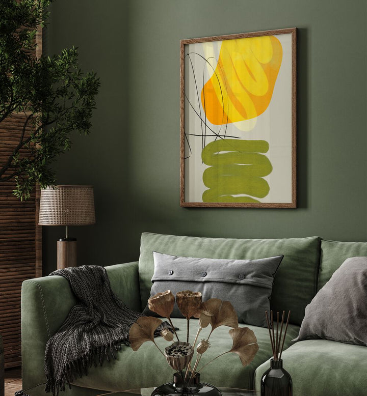 Painted Lines Xi Kopie By Ana Rut Bre Abstract Art Abstract Wall Art in Oak Wood Plain Frame placed on a wall behind a table