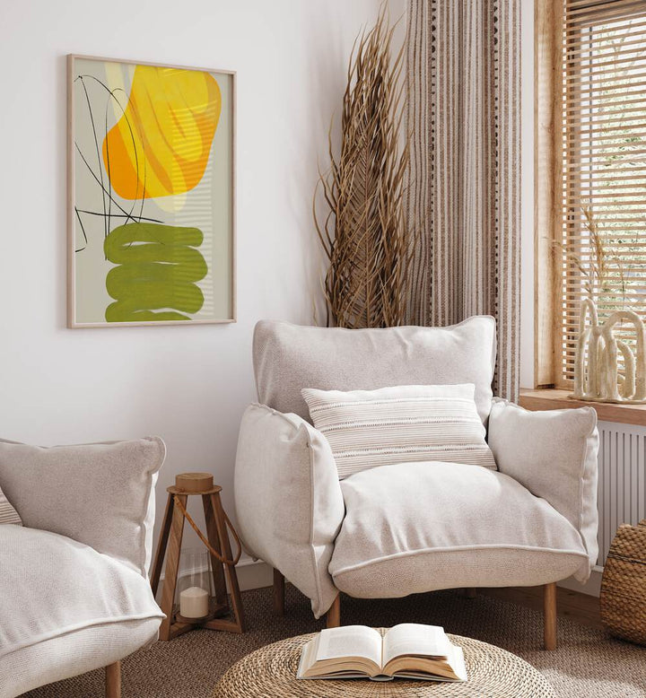 Painted Lines Xi Kopie By Ana Rut Bre Abstract Art Abstract Wall Art in Oak Wood Plain Frame placed on a wall behind a sofa