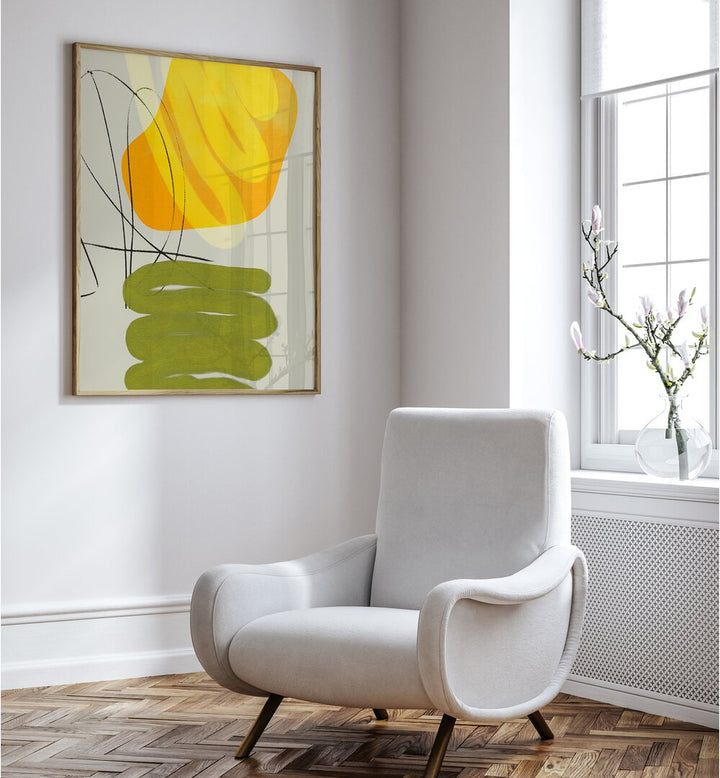 Painted Lines Xi Kopie By Ana Rut Bre Abstract Art Abstract Wall Art  in Oak Wood Plain Frame placed on the wall between a chair and a window