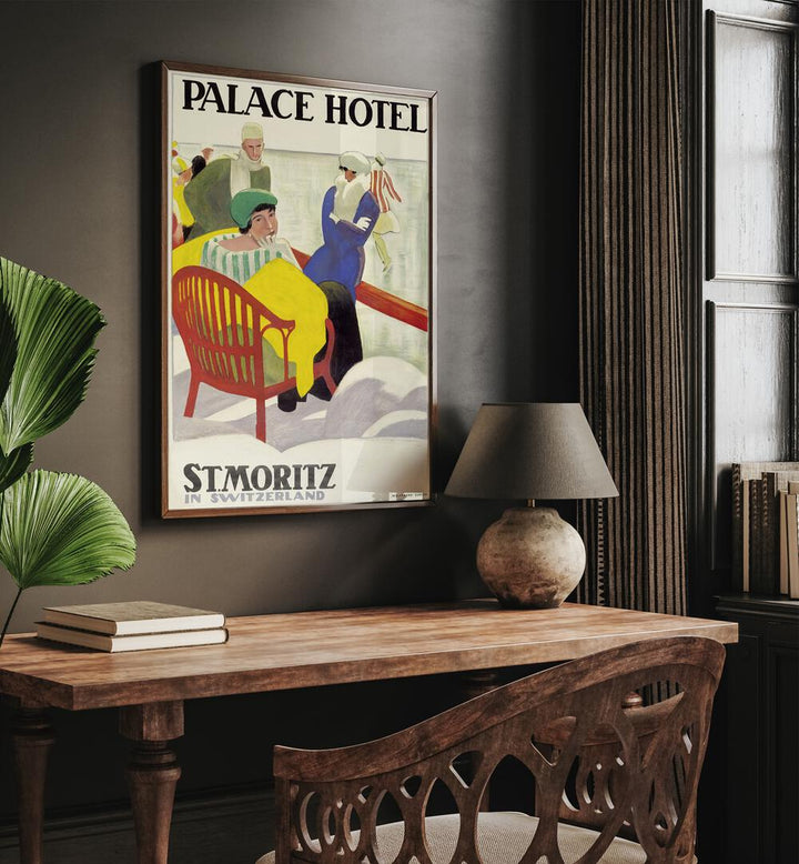 Palace Hotel  Retro Travel Posters in Oak Wood Plain Frame placed on a wall behind a study table