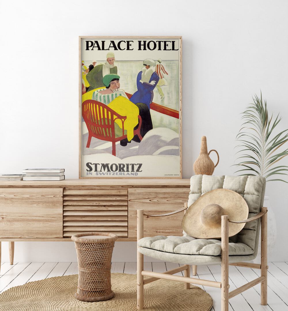 Palace Hotel  Retro Travel Posters in Oak Wood Plain Frame placed on a console table behind a chair