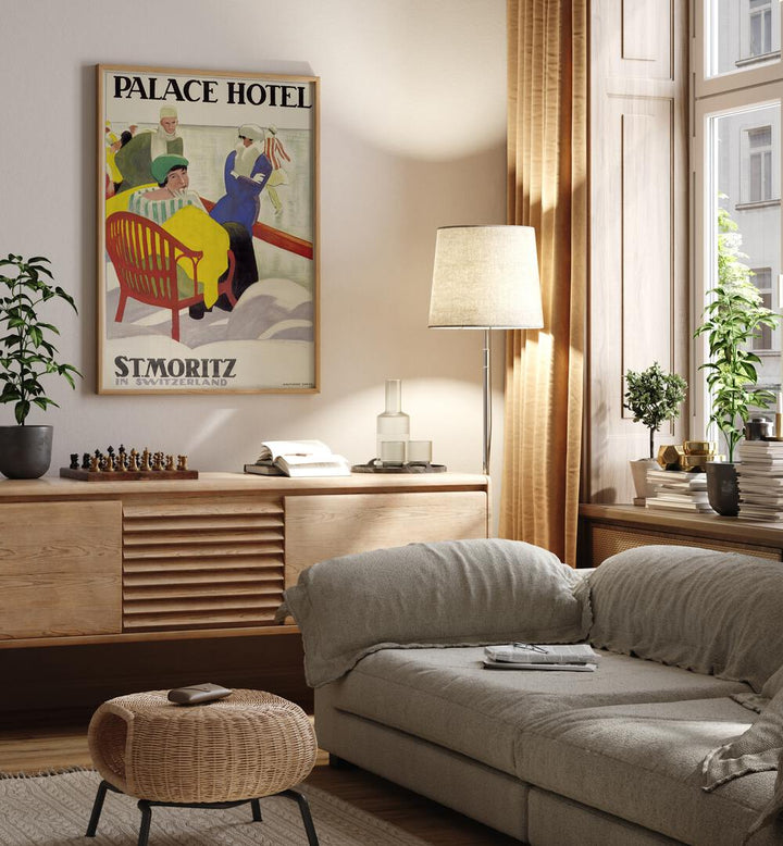 Palace Hotel  Retro Travel Posters in Oak Wood Plain Frame placed on a wall behind a console table