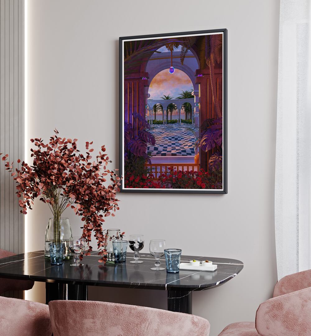 Pallidium By Cosmo Zach Surreal Art Prints Surrealism in Black Plain Frame placed on a wall behind a dining table