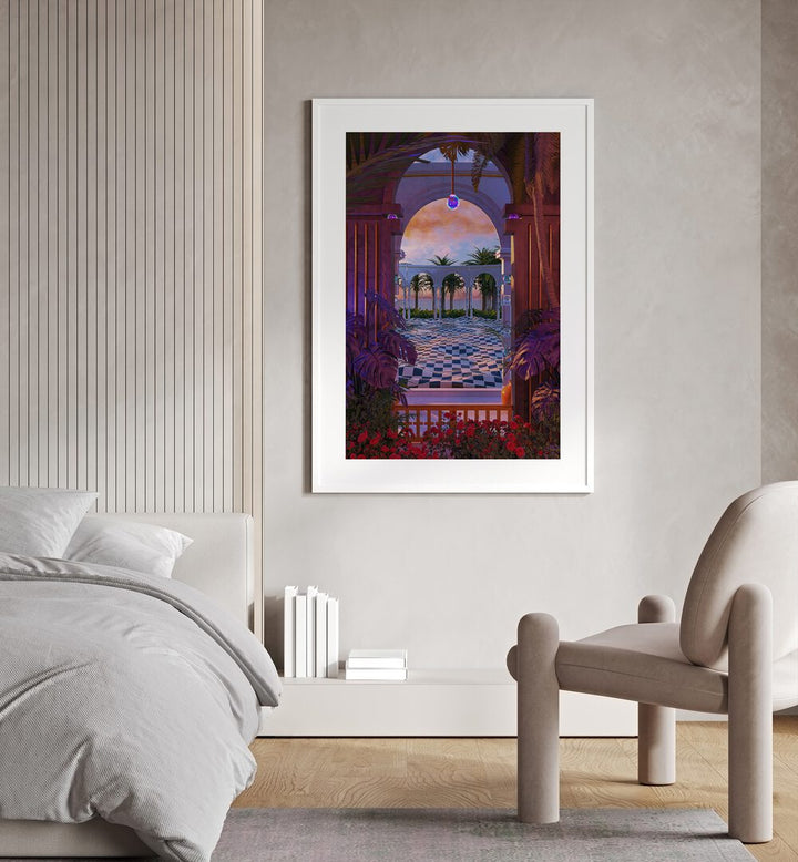 Pallidium By Cosmo Zach Surreal Art Prints Surrealism in White Frame With Mount placed on a bedroom wall beside a sofa