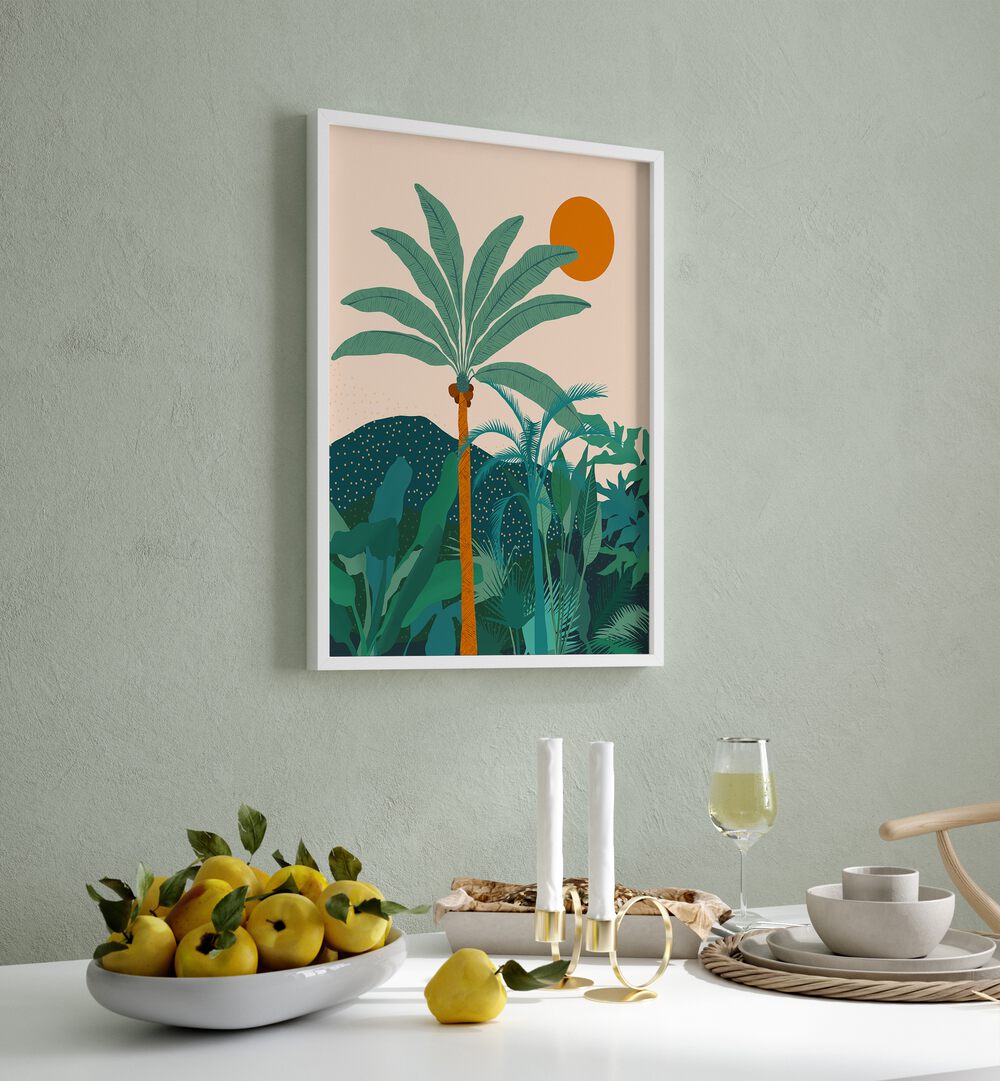 Palm Vibes By Uma Gokhale Botanical Art Prints in White Plain Frame behind a white dining table on  a wall