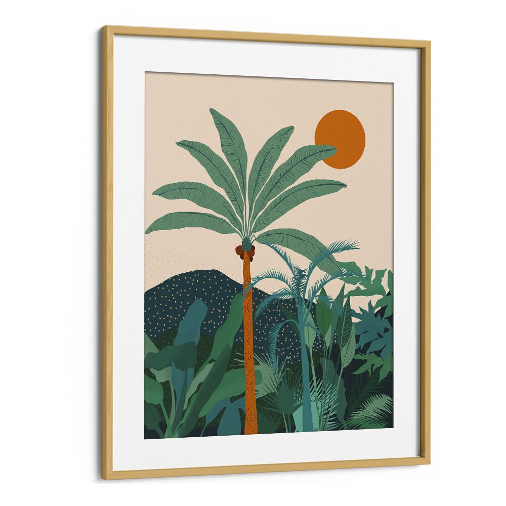 Palm Vibes By Uma Gokhale Botanical Art Prints in Oak Wood Frame With Mount