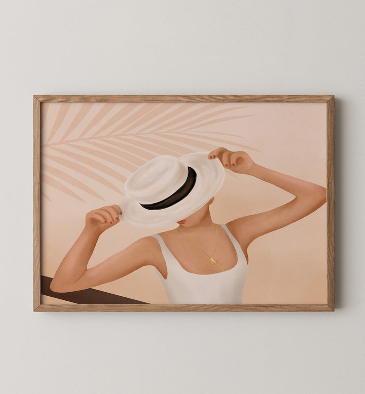 Stylized artwork featuring a woman with a palm frond backdrop, part of the Palm & Poise Gallery Wall collection.
