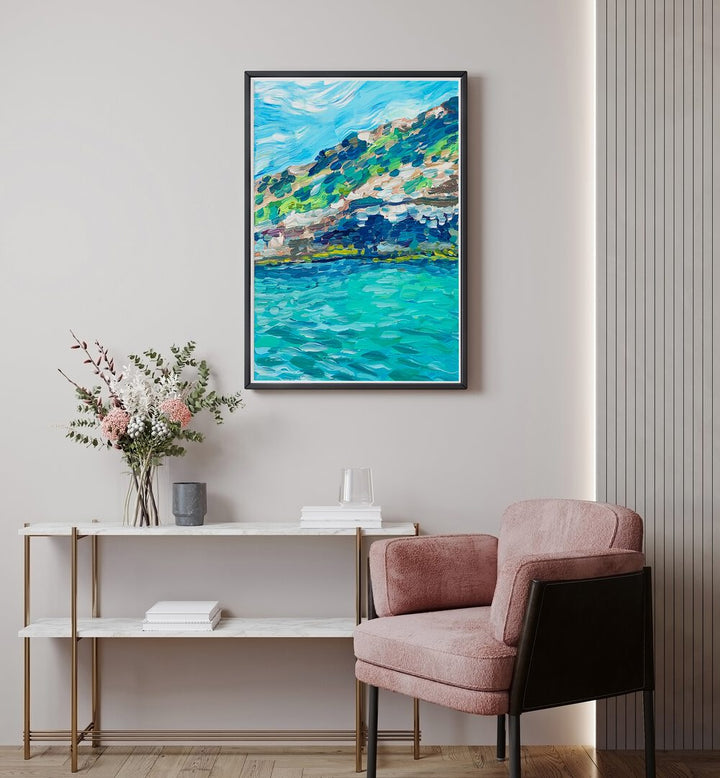 Palma By Key And Sea Creative Landscape Art Print in Black Plain Frame on a white wall above a table