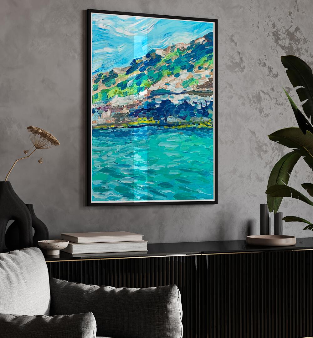 Palma By Key And Sea Creative Landscape Art Print in Black Plain Frame above a black console table