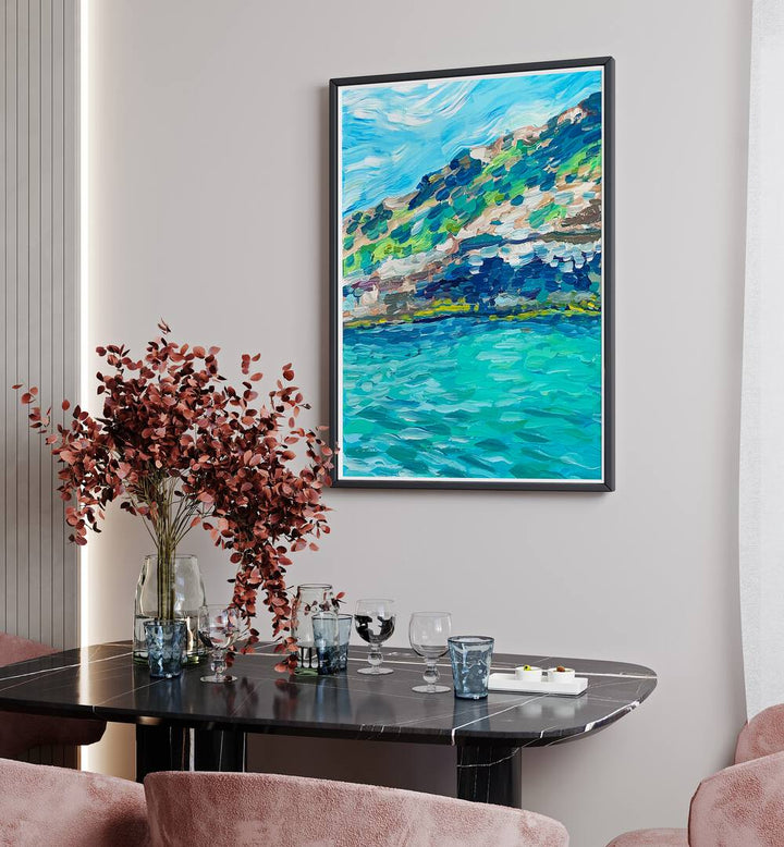 Palma By Key And Sea Creative Landscape Art Print in Black Plain Frame on a white wall above a dining table