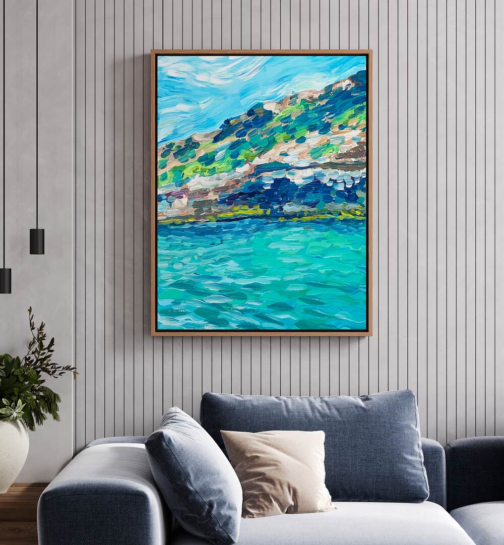 Palma By Key And Sea Creative Landscape Art Print in Oak Wood Floater Frame behind a blue sofa on a white wall