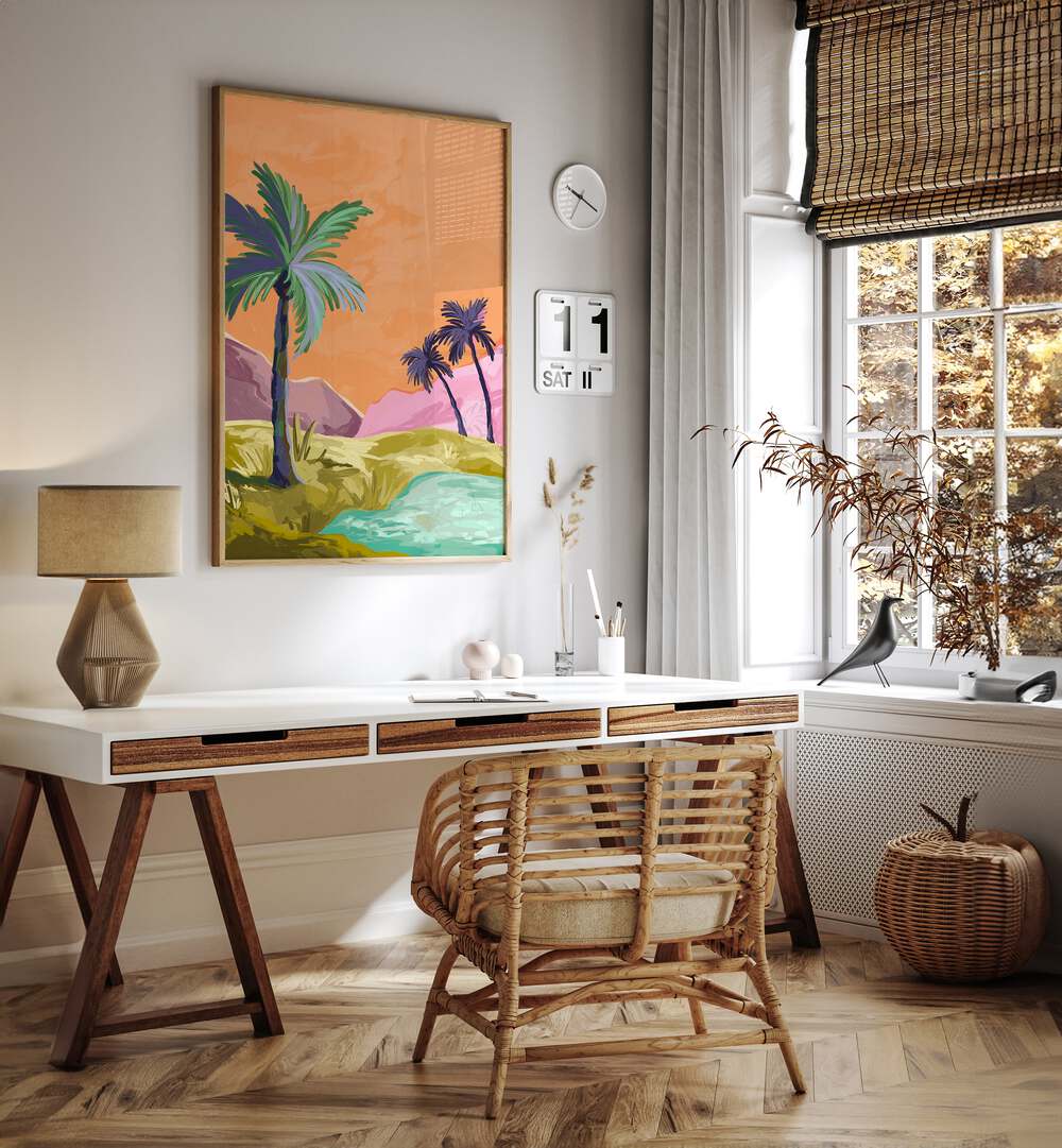 Palmtrees By Goed Blauw Landscape Art Prints in Oak Wood Plain Frame placed on a White Colored Wall above a Study Table in the Work Space in the Drawing Room