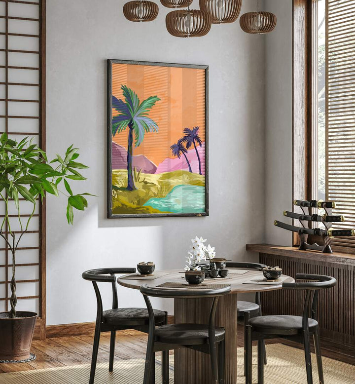 Palmtrees By Goed Blauw Landscape Art Prints in Dark Wood Plain Frame placed on a White Colored Wall near a Coffee Table in the Dining Room