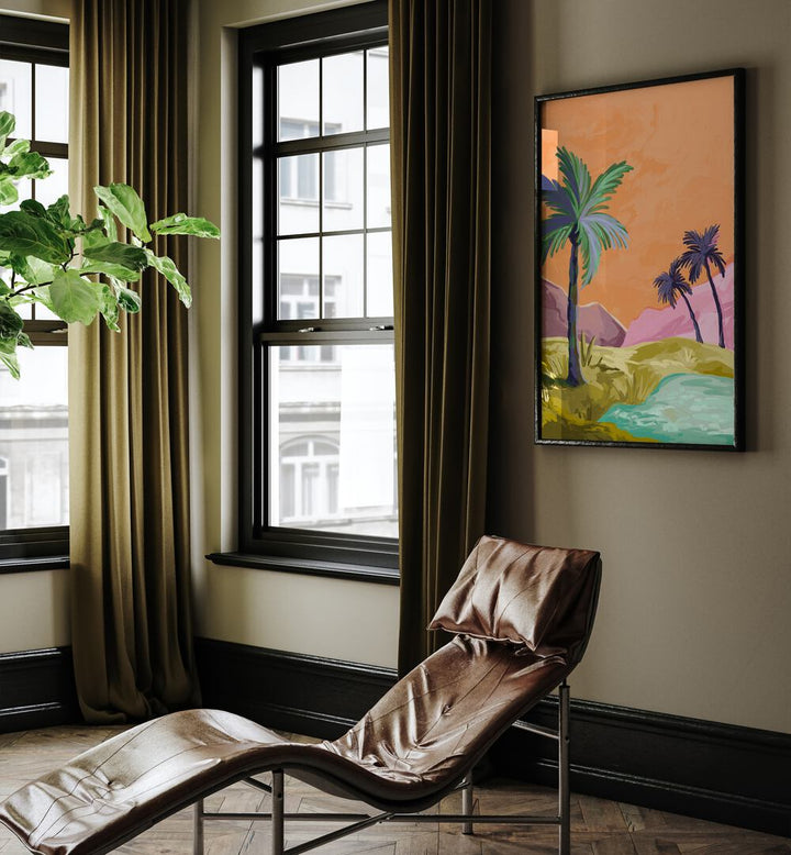 Palmtrees By Goed Blauw Landscape Art Prints in Black Plain Frame placed on a Beige Colored Wall in the Drawing Room