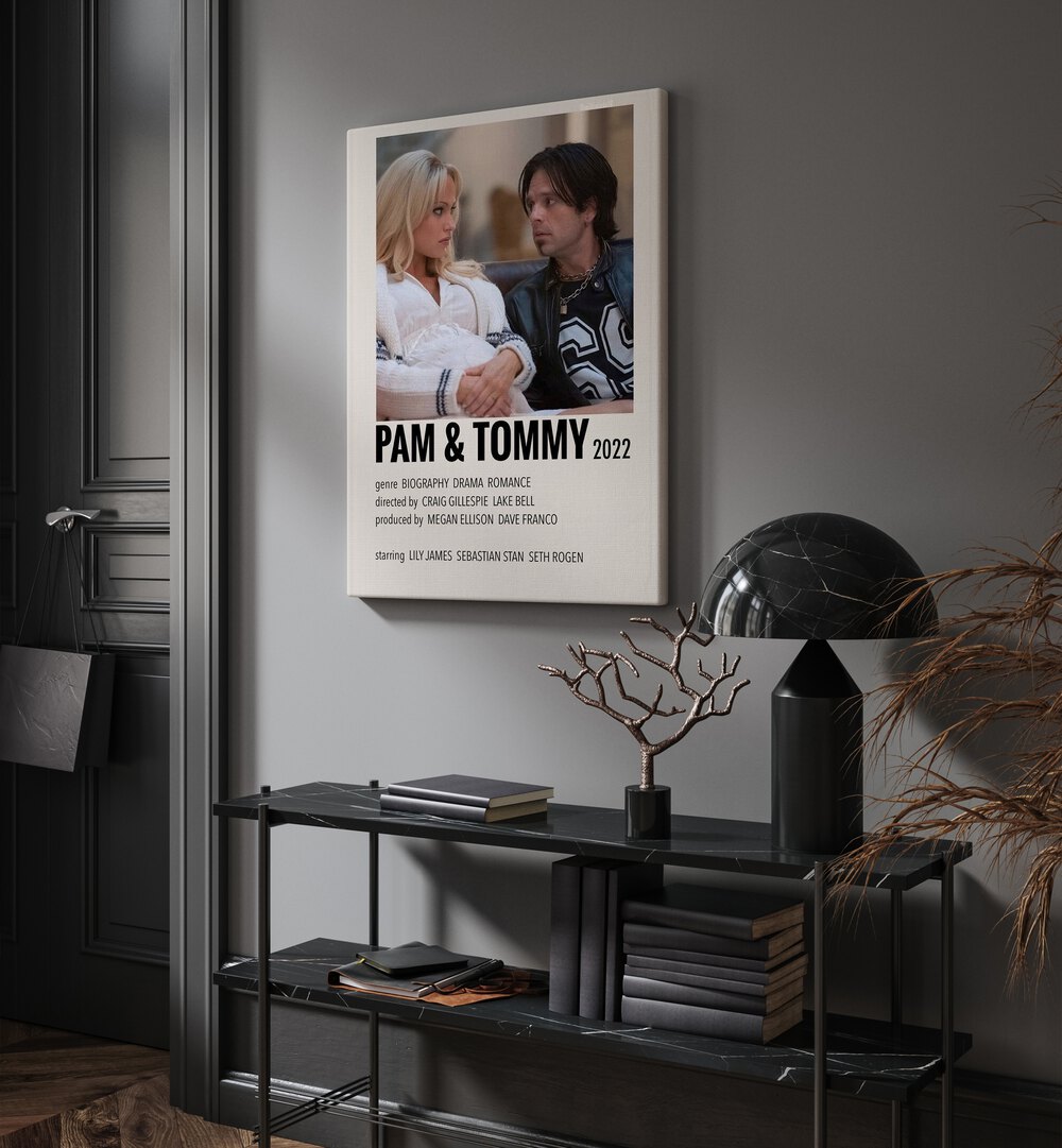 Pam Tommy 2022 Movie Posters in Gallery Wrap hanging on wall above console table beside door and window