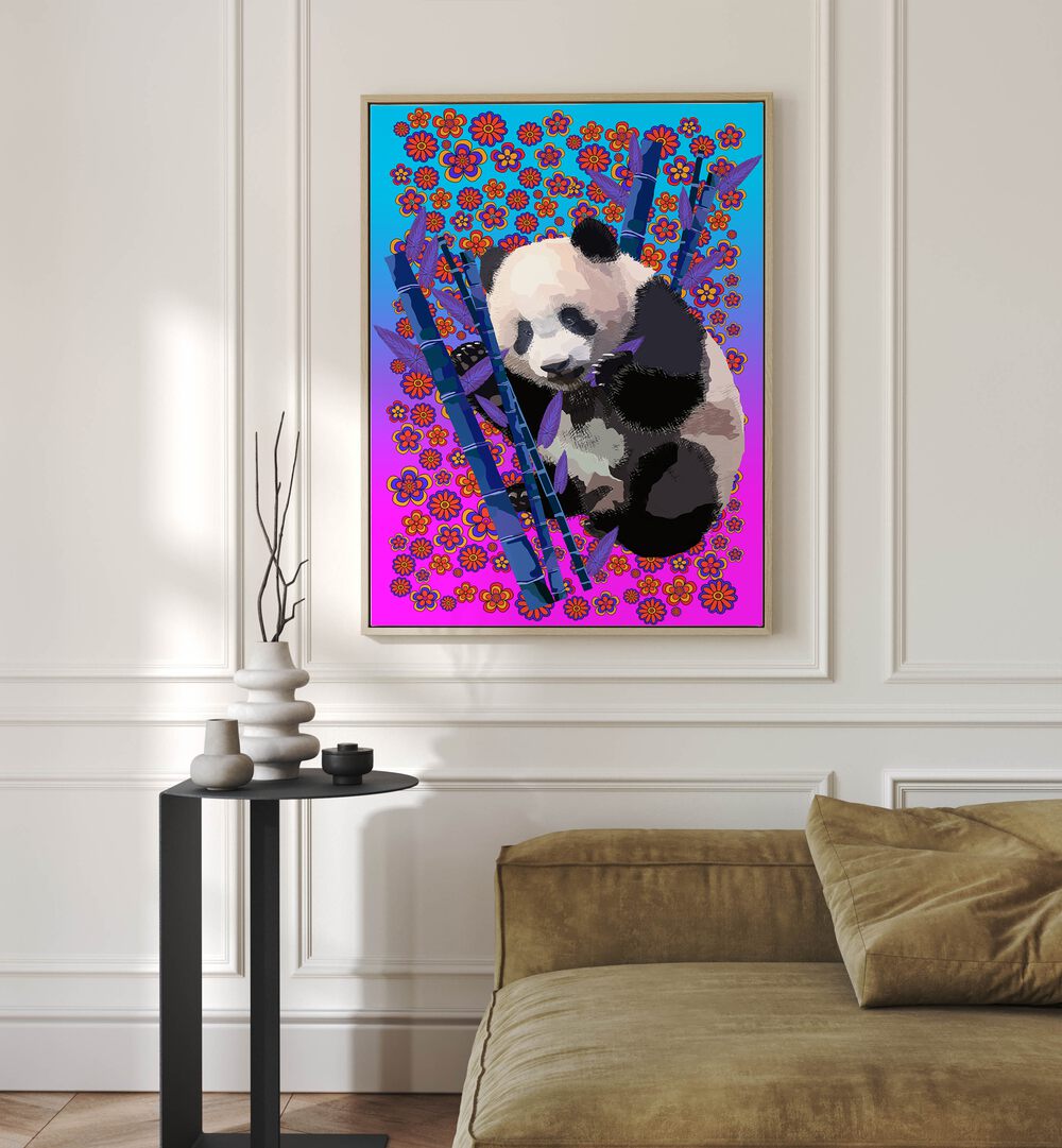 Panda Ii By Lynnda Rakos Pop Art Paintings Pop Art Prints in Oak Wood Floater Frame placed on a wall behind a sofa