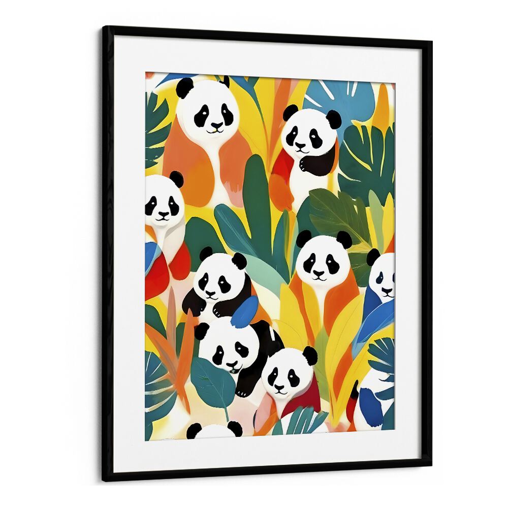 Pandas A Tropical By Uma Gokhale Animal Art Prints in Black Frame With Mount