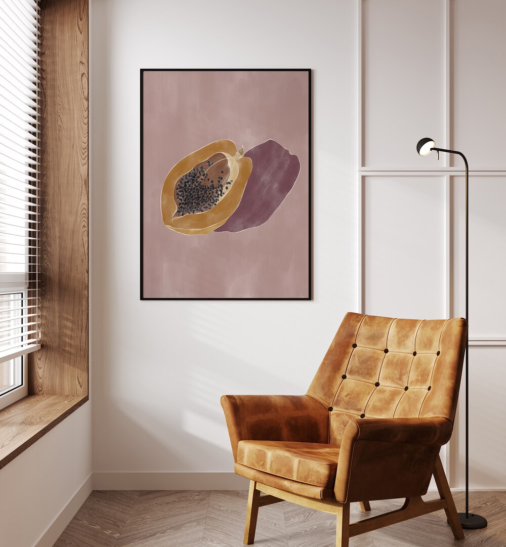 Papaya By Ivy Green Kitchen Art Prints in Black Plain Frame on a white wall beside a window