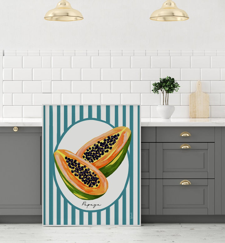 Papaya On Stripes Kitchen Posters Kitchen Art Prints in White Plain Frame placed on the floor in the Kitchen