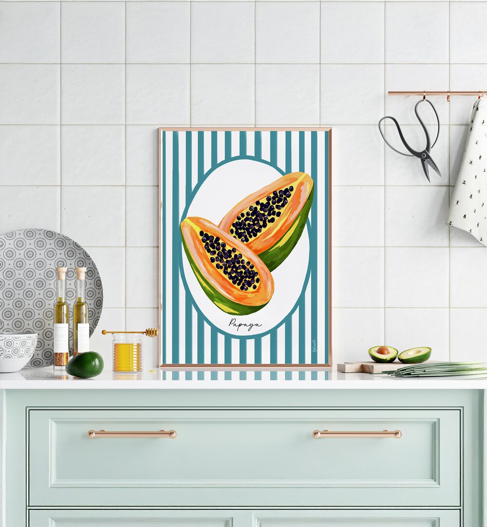 Papaya On Stripes Kitchen Posters Kitchen Art Prints in Gold Plain Frame placed on a Console Table in the Kitchen