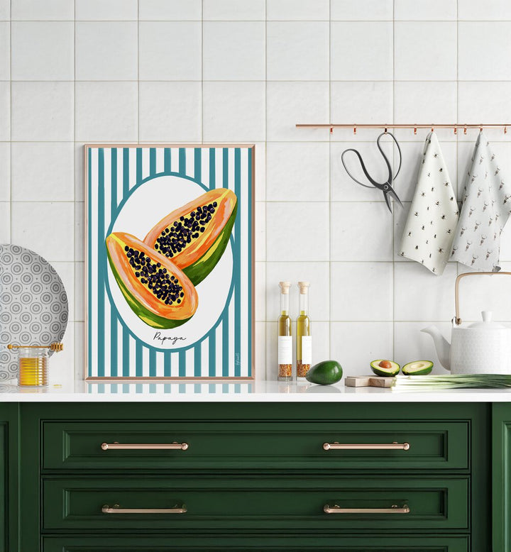 Papaya On Stripes Kitchen Posters Kitchen Art Prints in Gold Plain Frame placed on a Console Table in the Kitchen