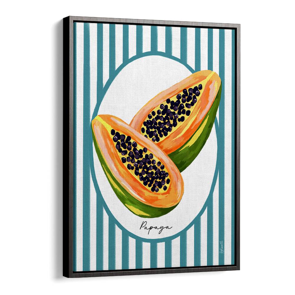 Papaya On Stripes Kitchen Posters Kitchen Art Prints in Black Floater Frame