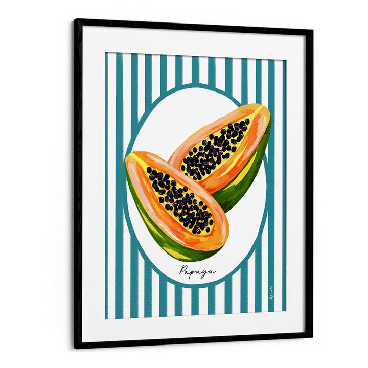 Papaya On Stripes Kitchen Posters Kitchen Art Prints in Black Frame With Mount