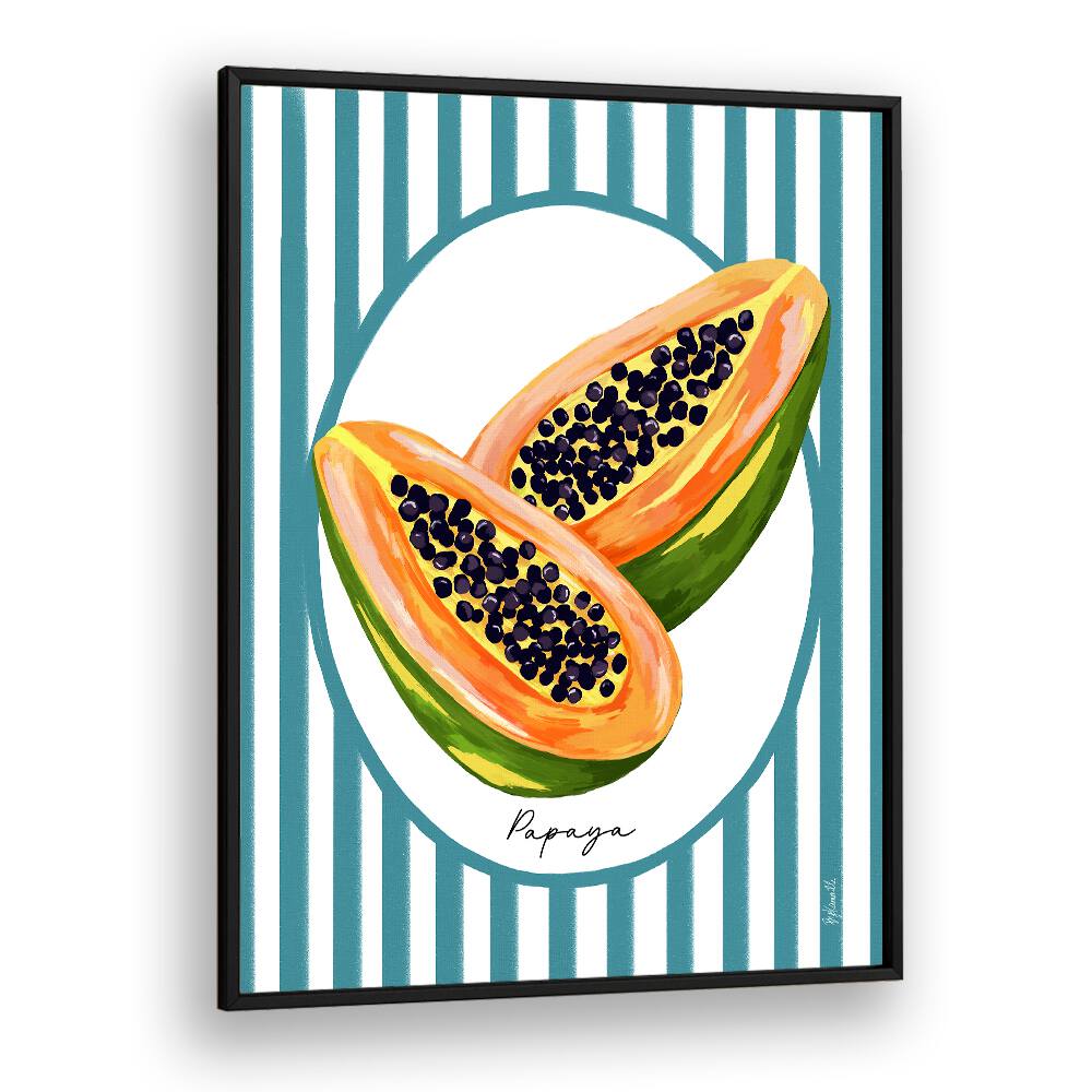 Papaya On Stripes Kitchen Posters Kitchen Art Prints in Black Plain Frame