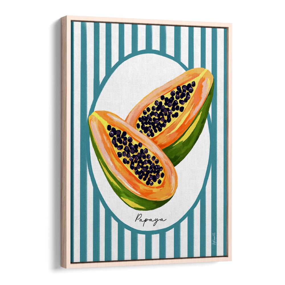 Papaya On Stripes Kitchen Posters Kitchen Art Prints in Oak Wood Floater Frame