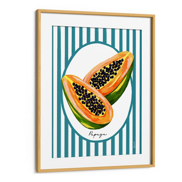 Papaya On Stripes Kitchen Posters Kitchen Art Prints in Oak Wood Frame With Mount