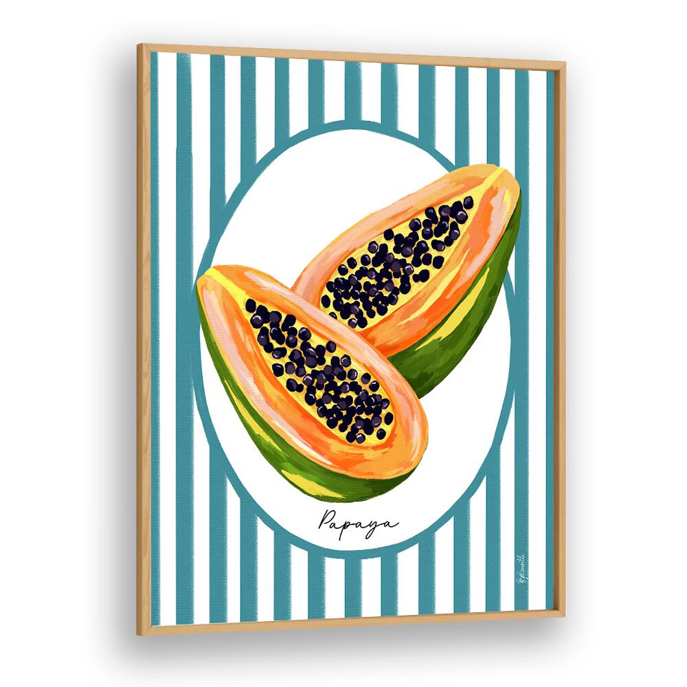 Papaya On Stripes Kitchen Posters Kitchen Art Prints in Oak Wood Plain Frame