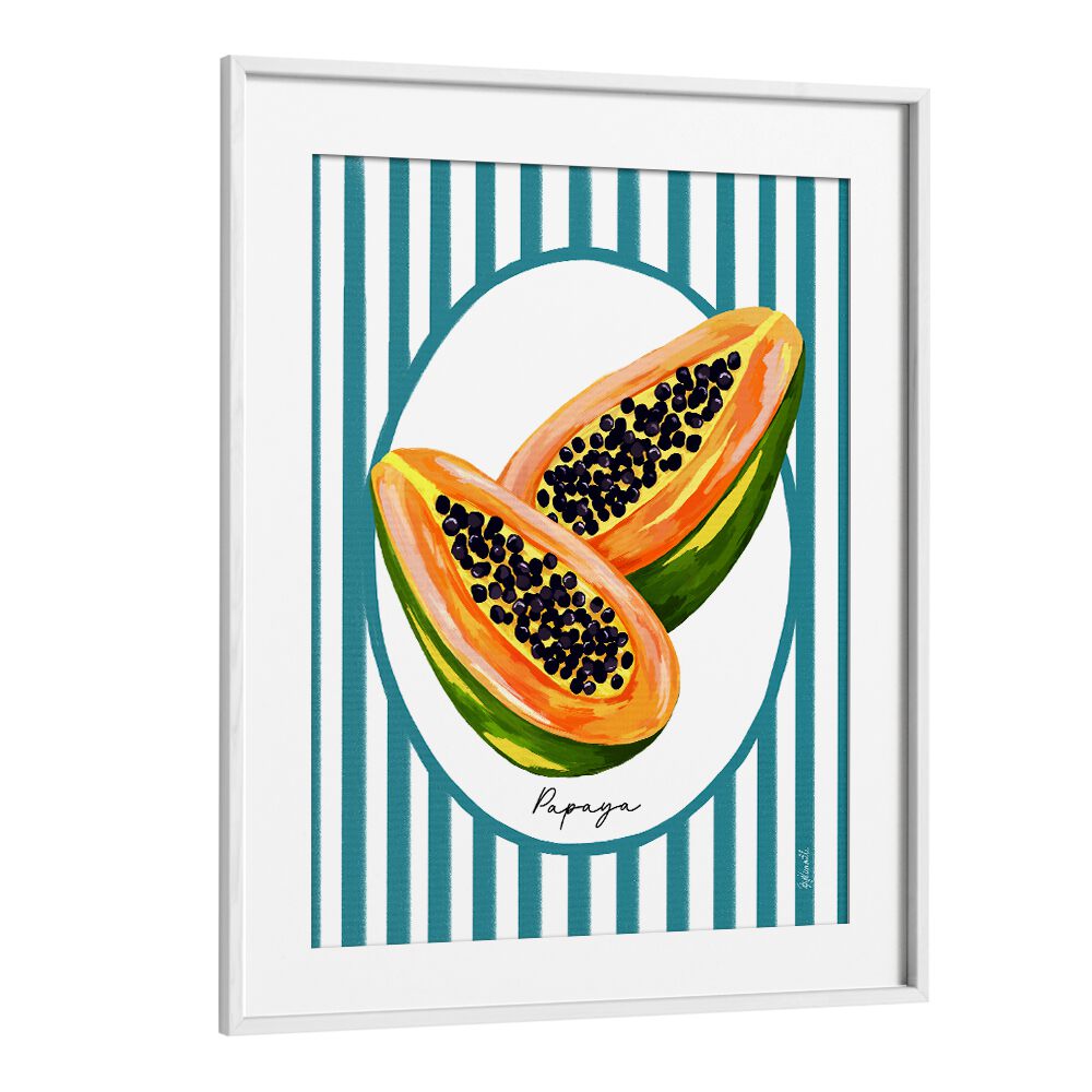 Papaya On Stripes Kitchen Posters Kitchen Art Prints in White Frame With Mount