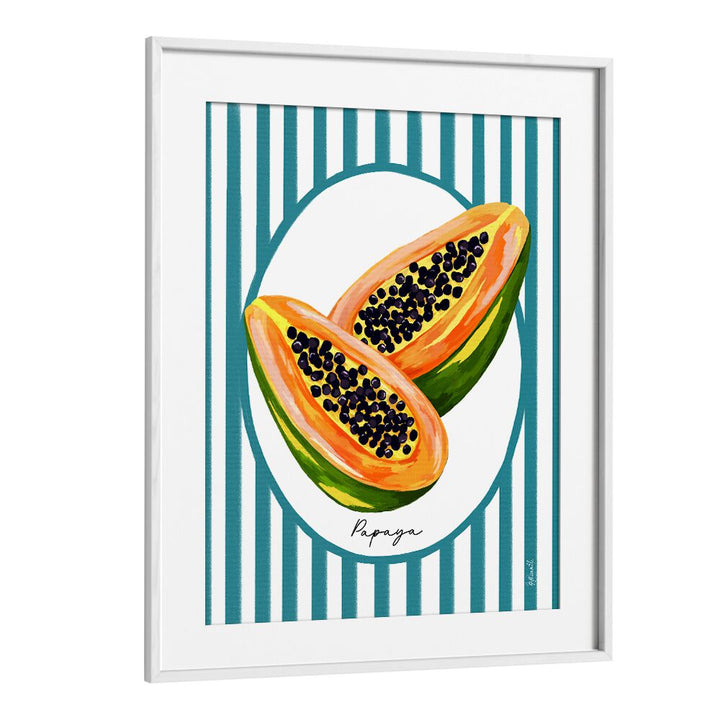 Papaya On Stripes Kitchen Posters Kitchen Art Prints in White Frame With Mount