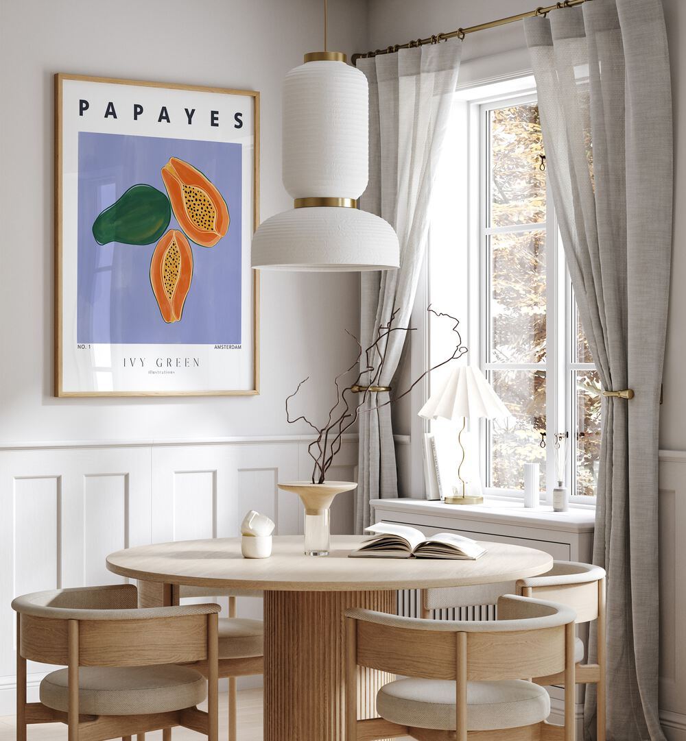 Papayes By Ivy Green Kitchen Art Prints in Oak Wood Plain Frame on a white wall behind a dining table for dining area