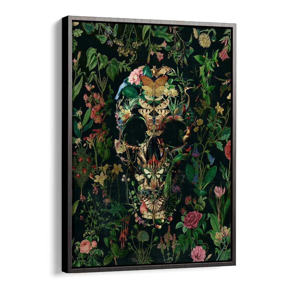 Papillon Skull Botanical Art Prints Floral Paintings in Black Floater Frame