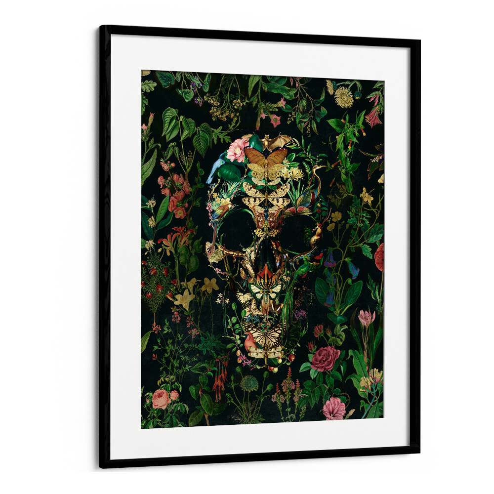 Papillon Skull Botanical Art Prints Floral Paintings in Black Frame With Mount