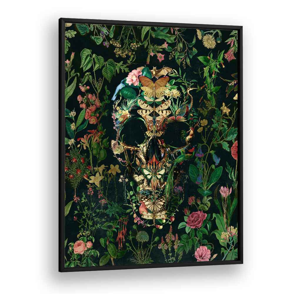 Papillon Skull Botanical Art Prints Floral Paintings in Black Plain Frame