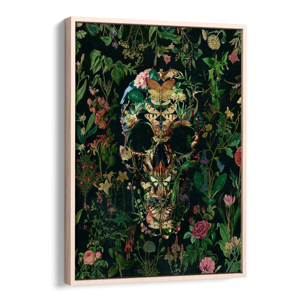 Papillon Skull Botanical Art Prints Floral Paintings in Oak Wood Floater Frame