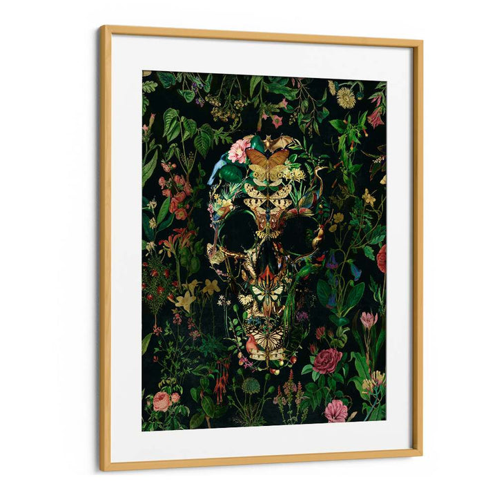 Papillon Skull Botanical Art Prints Floral Paintings in Oak Wood Frame With Mount