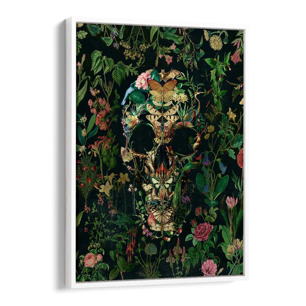 Papillon Skull Botanical Art Prints Floral Paintings in White Floater Frame