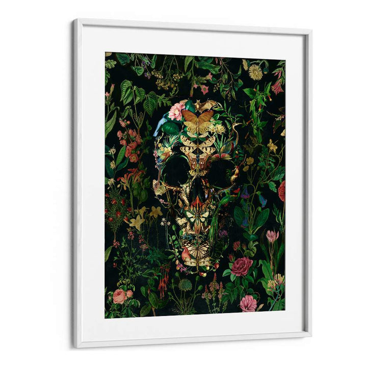 Papillon Skull Botanical Art Prints Floral Paintings in White Frame With Mount