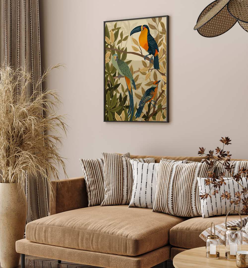 Paradise Birds By Goed Blauw Kids Room Paintings Kids Room Wall Art in Black Plain Frame placed on a Cream Colored Wall near a Beige Sofa in the Living Room