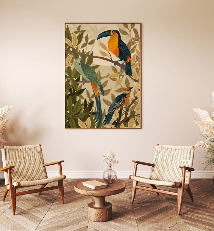 Paradise Birds By Goed Blauw Kids Room Paintings Kids Room Wall Art in Oak Wood Plain Frame placed on a Cream Colored Wall in the Drawing Room