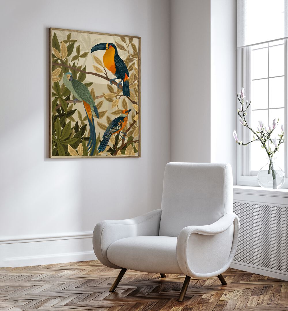 Paradise Birds By Goed Blauw Kids Room Paintings Kids Room Wall Art in Oak Wood Plain Frame placed on a White Colored Wall in the Drawing Room