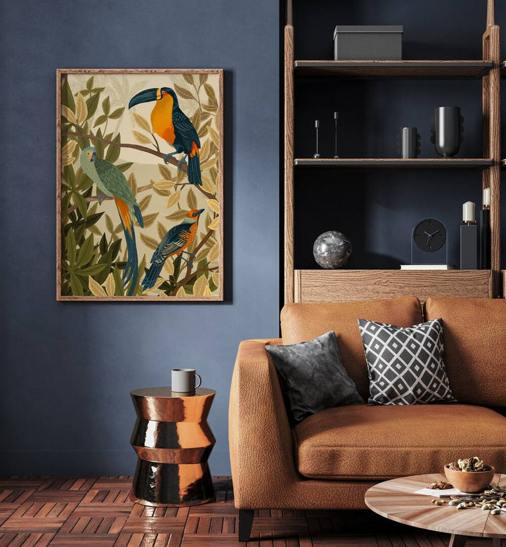 Paradise Birds By Goed Blauw Kids Room Paintings Kids Room Wall Art in Oak Wood Plain Frame placed on a Blue Colored Wall near a Brown Sofa in the Living Room