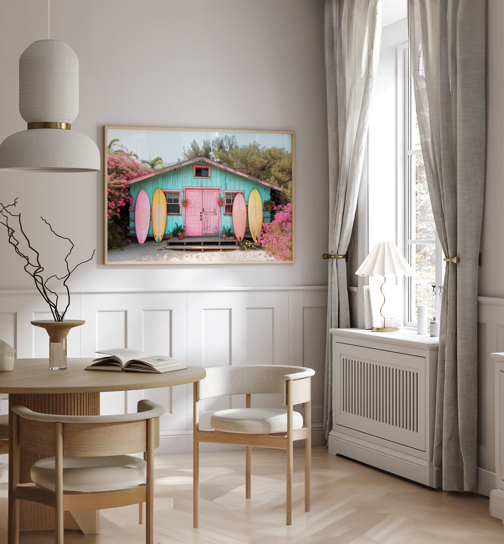 Colorful beach scene featuring the PARADISE LOST, BEACH PAINTINGS by Philippe Hugonnard, perfect for serene decor.