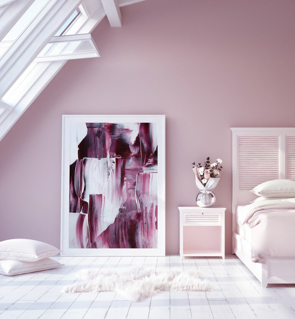 Paradox I by Uplus Me Studio Abstract Art Abstract Paintings in White Plain Frame placed on a floor beside a bed for bedroom